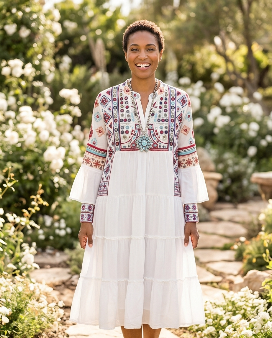 EMBROIDERED TIERED DRESS