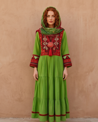 PARROT GREEN AFGHAN EMBROIDERED DRESS
