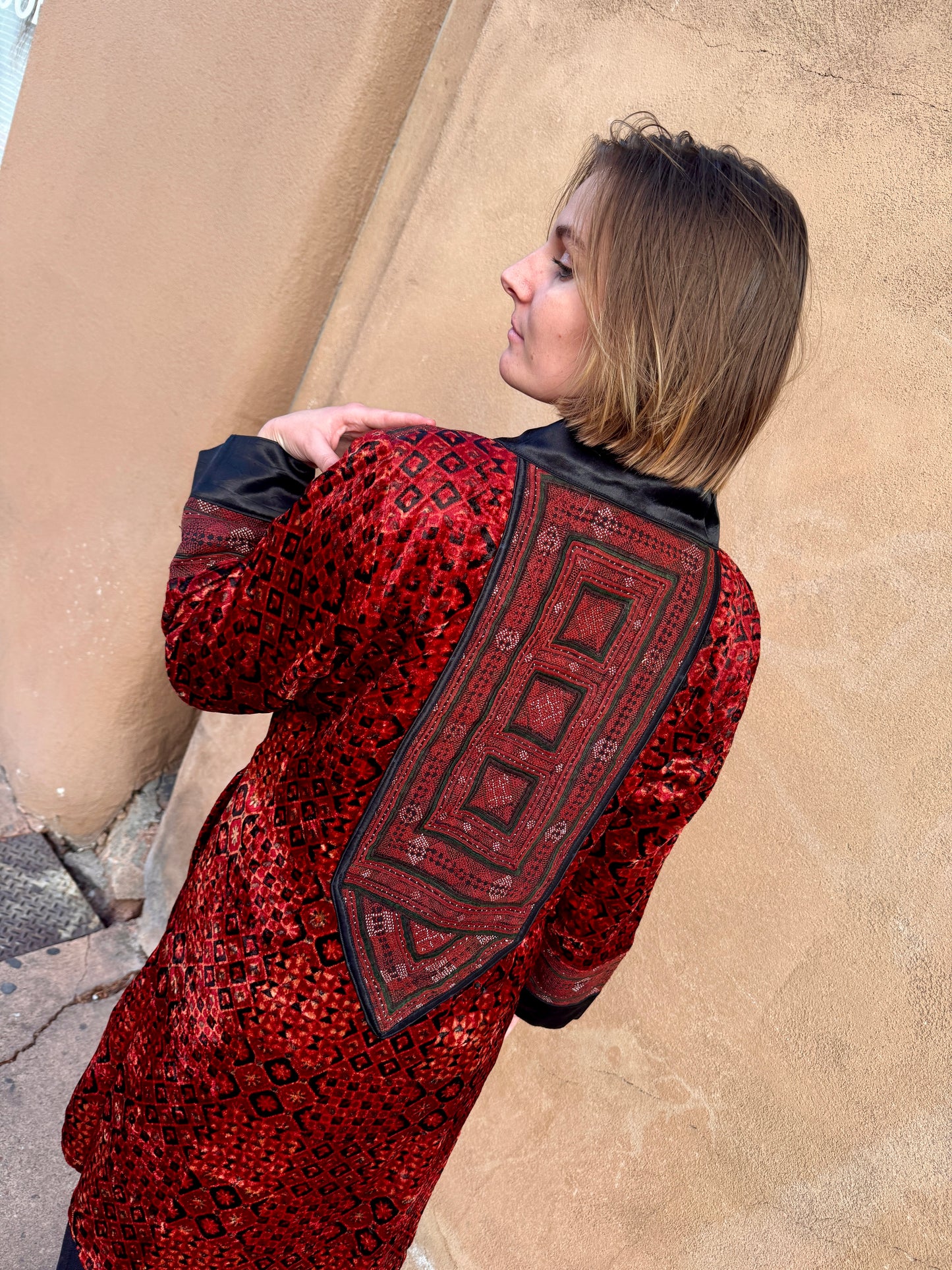 LUXE VELVET RED HAND EMBROIDERED SWING COAT