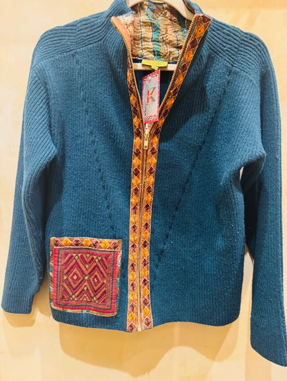 TEAL TRIBAL TRIMMED ZIP CARDIGAN