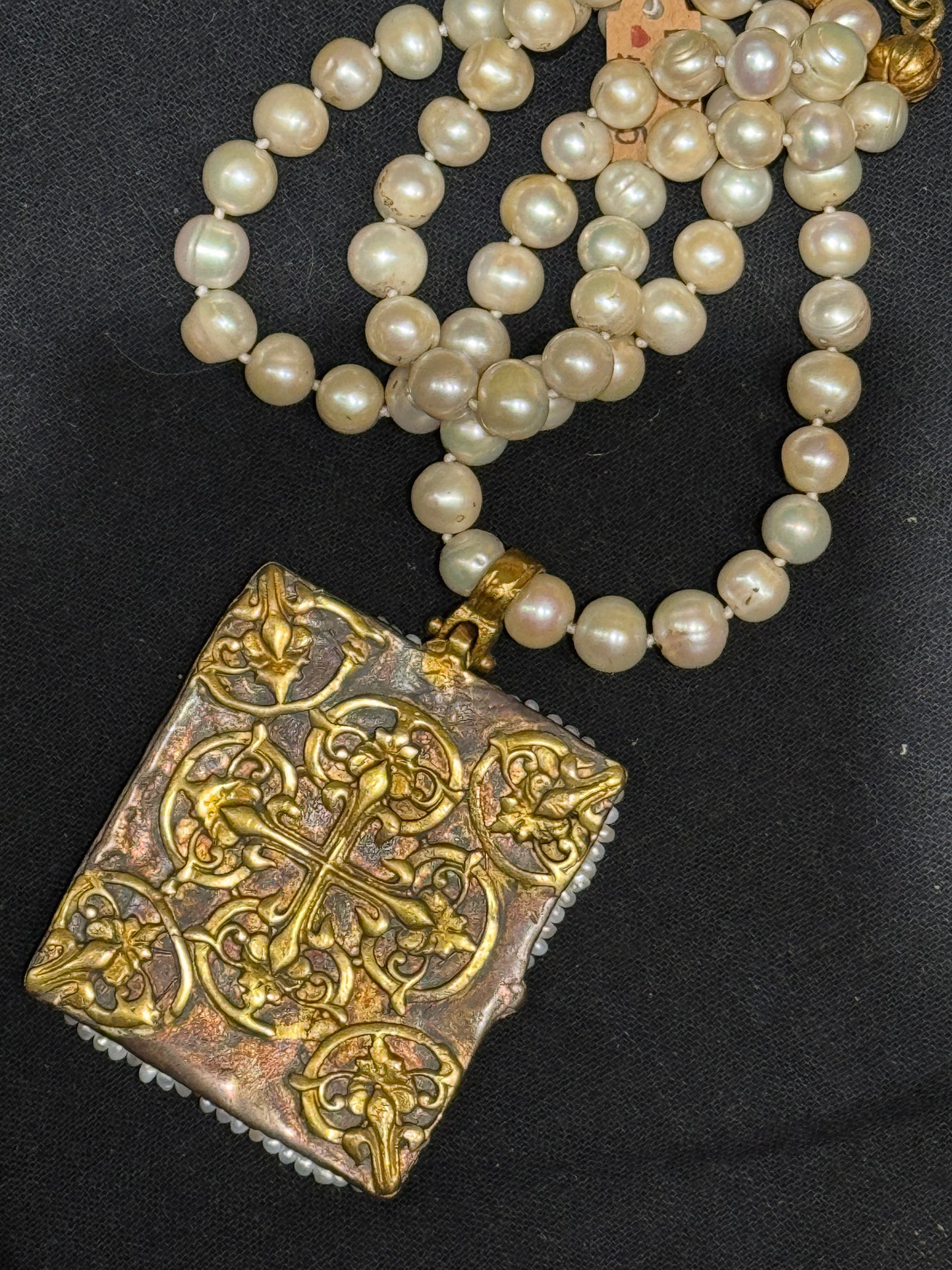 BYZANTINE SAINTS AND ANGELS FLORENTINE CROSS TABLEAU PENDANT PEARL NECKLACE