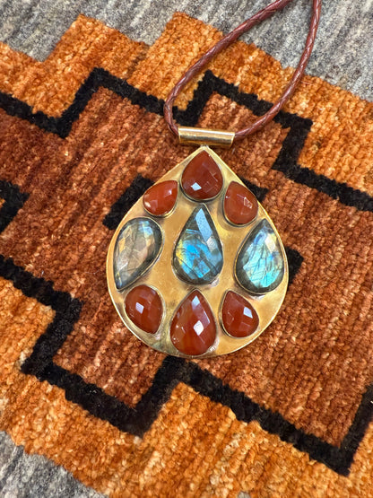 BIG BRASS TEARDROP GEMSTONE PENDANT NECKLACE