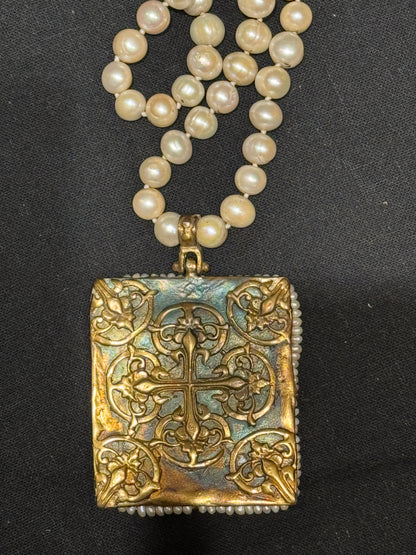 BYZANTINE SAINTS AND ANGELS FLORENTINE CROSS TABLEAU PENDANT PEARL NECKLACE