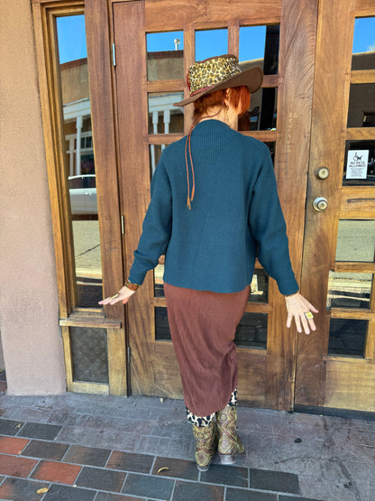 TEAL TRIBAL TRIMMED ZIP CARDIGAN