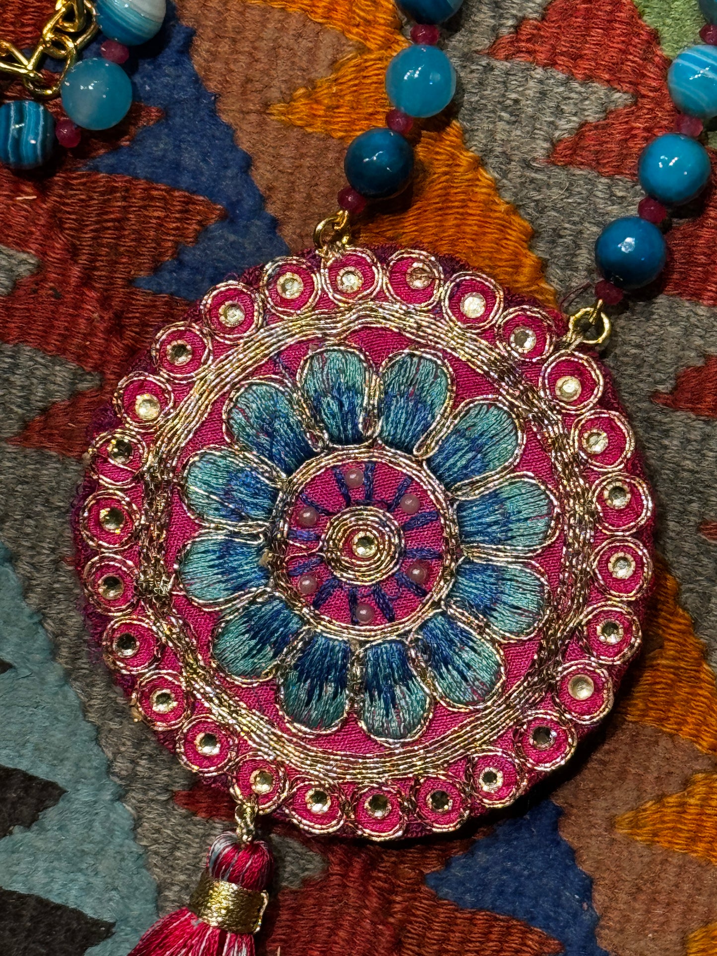 BLUE CRYSTAL BLING PATCH TASSEL NECKLACE