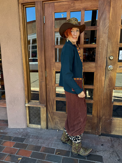 TEAL TRIBAL TRIMMED ZIP CARDIGAN