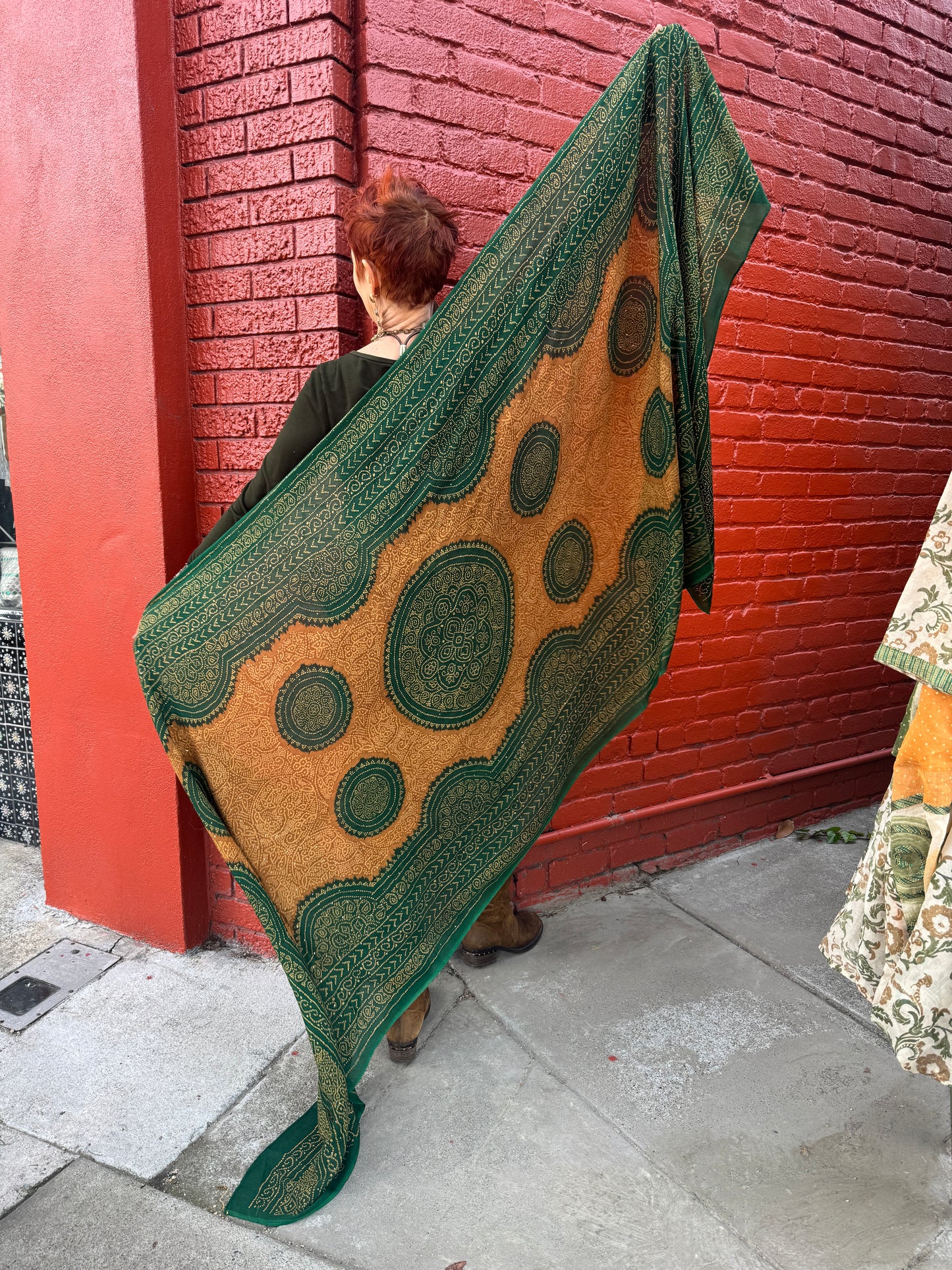 GREEN AND GOLD SILK SPARKLE BANDHANI SHAWL