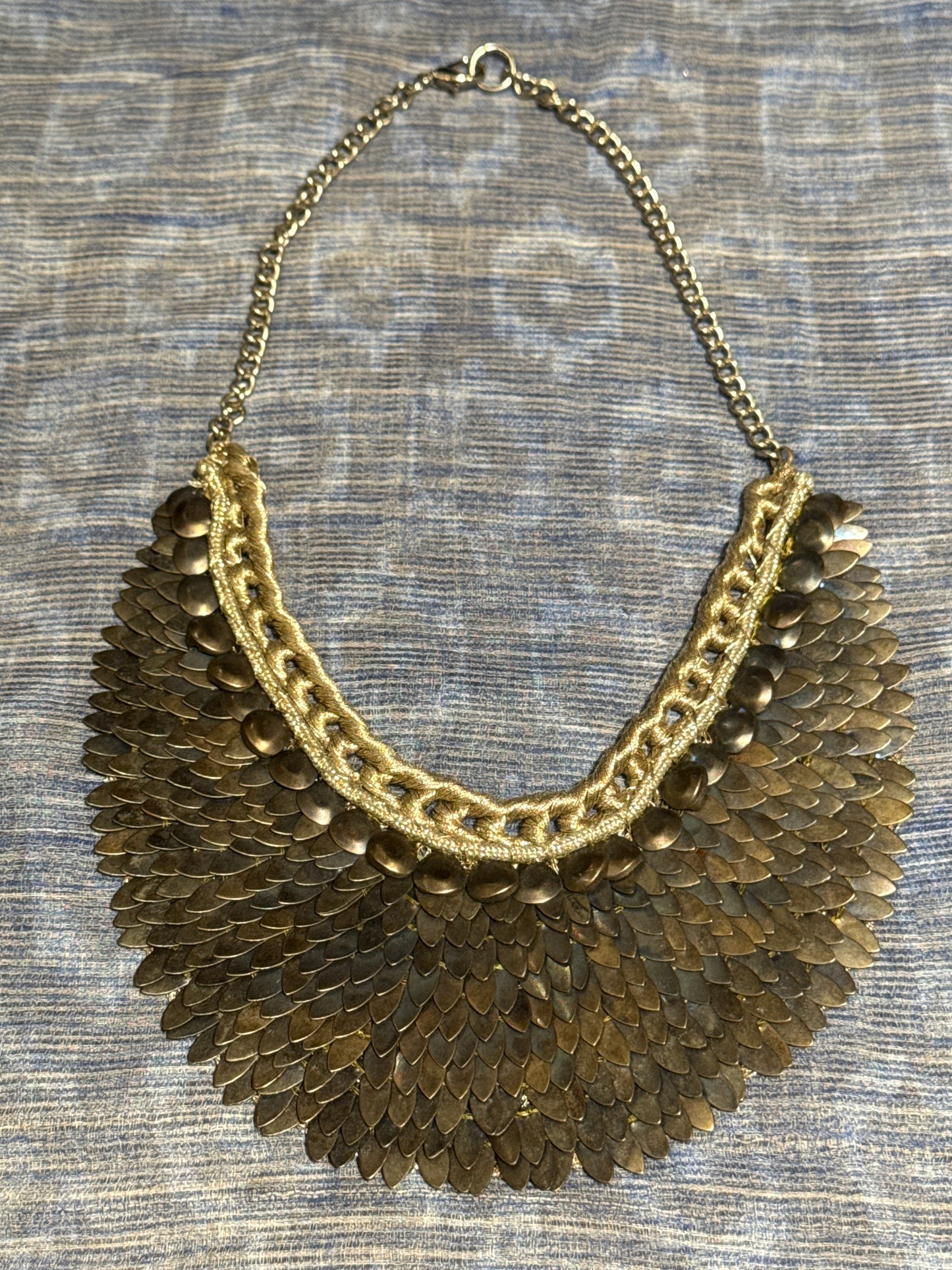 RBG INTRICATE METAL FISH SCALE YOKE BIB NECKLACE