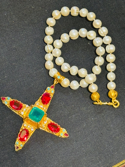 GEM ENCRUSTED BYZANTINE CROSS HAND KNOTTED PEARLS NECKLACE
