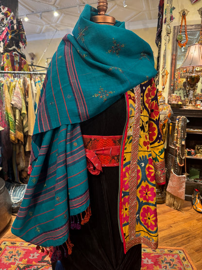 MASTERPIECE TEAL HAND-LOOMED SOOF WOOL SHAWL