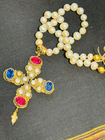 GEM ENCRUSTED BYZANTINE CROSS HAND KNOTTED PEARLS NECKLACE