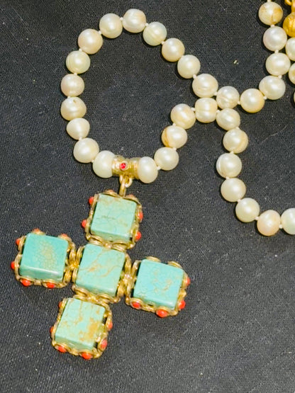 GEM ENCRUSTED BYZANTINE CROSS HAND KNOTTED PEARLS NECKLACE