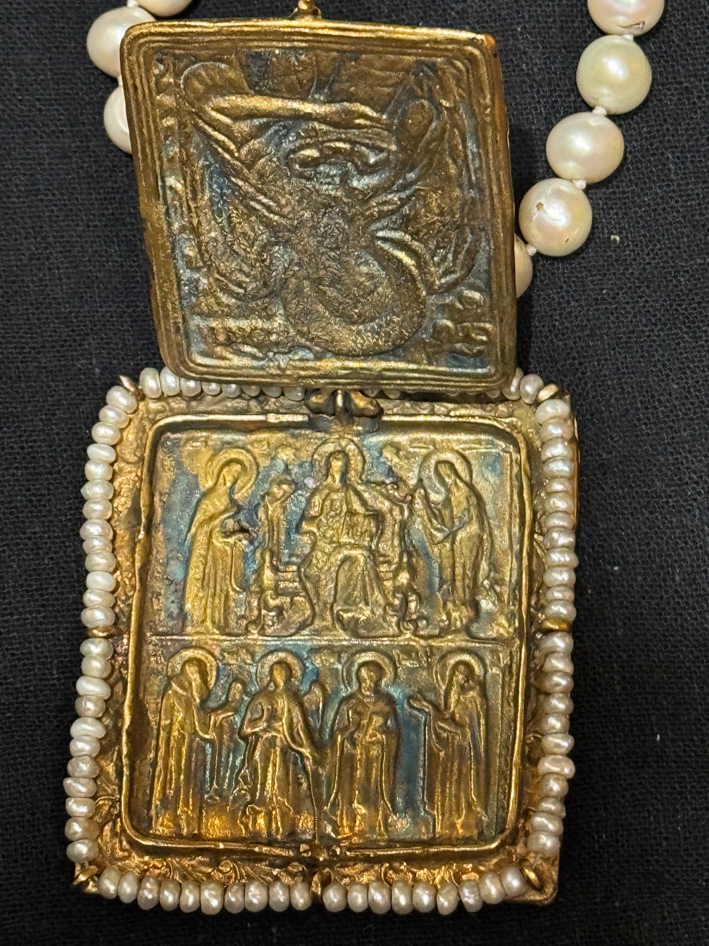 BYZANTINE SAINTS AND ANGELS FLORENTINE CROSS TABLEAU PENDANT PEARL NECKLACE