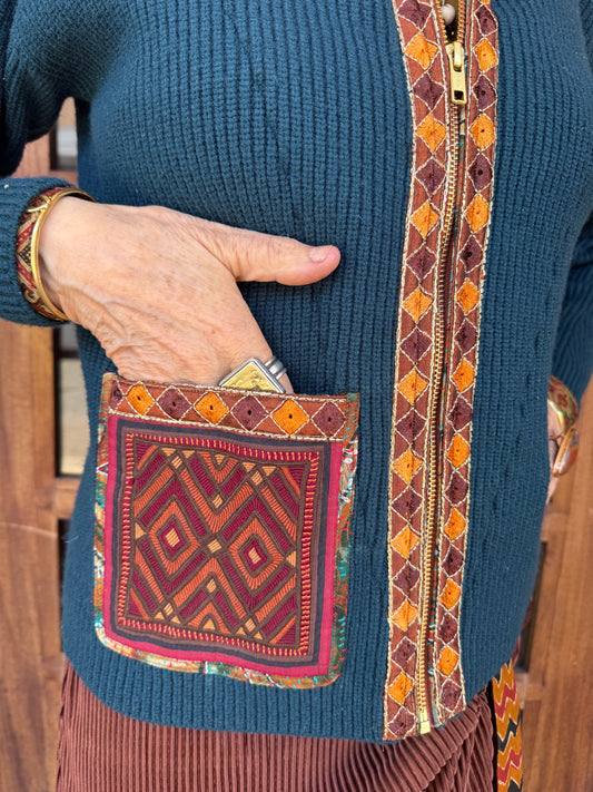 TEAL TRIBAL TRIMMED ZIP CARDIGAN