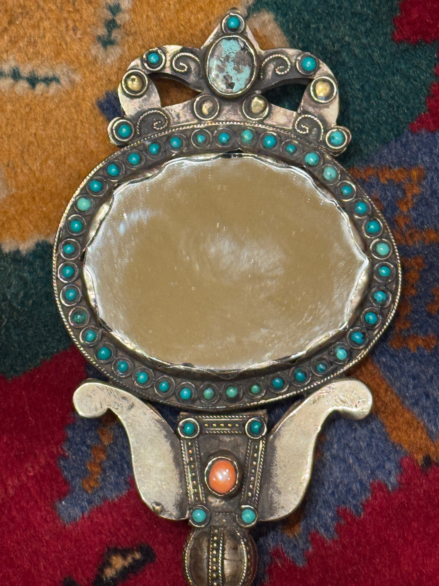 ANTIQUE SILVER GEMSTONE HAND MIRROR