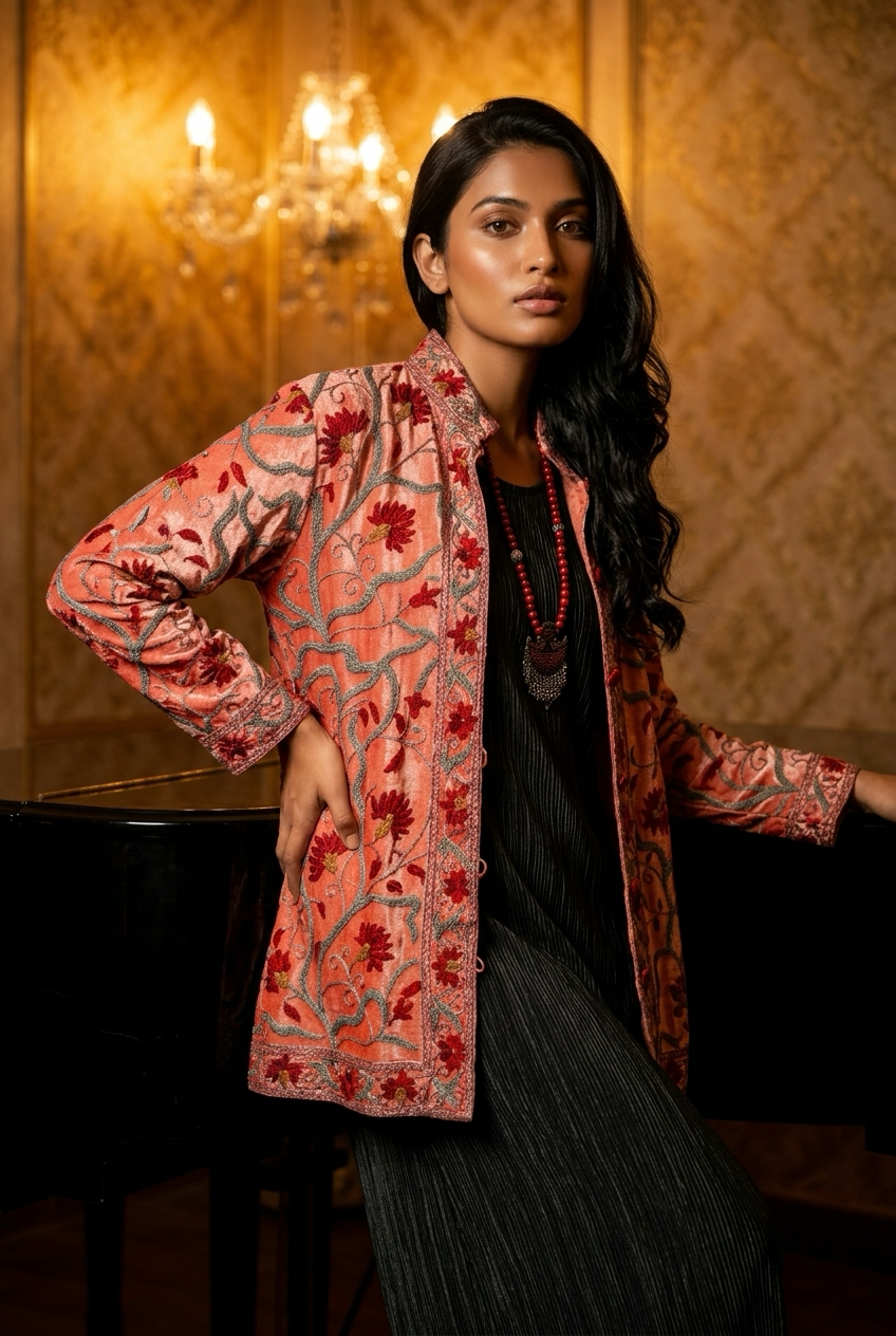 HAND EMBROIDERED PEACH SILK JACKET