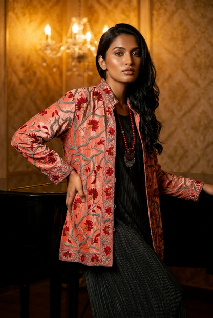 HAND EMBROIDERED PEACH SILK JACKET – SERRAHNA