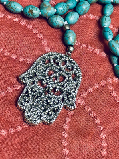 TURQUOISE BLING HAMSA NECKLACE