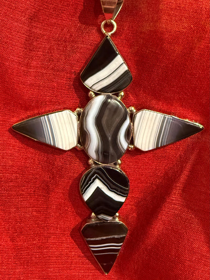 BLACK BANDED AGATE CROSS NECKLACE
