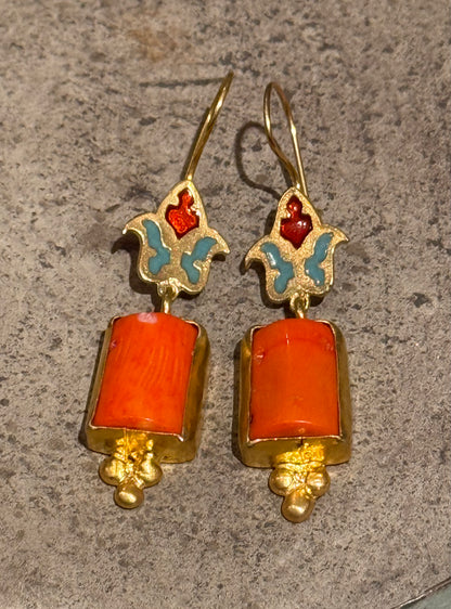 CLOISONNÉ CORAL CHUNK EARRINGS