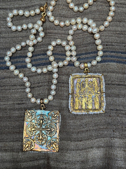 BYZANTINE SAINTS AND ANGELS FLORENTINE CROSS TABLEAU PENDANT PEARL NECKLACE