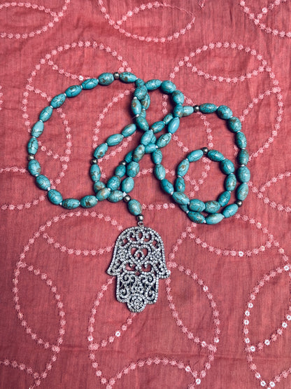 TURQUOISE BLING HAMSA NECKLACE