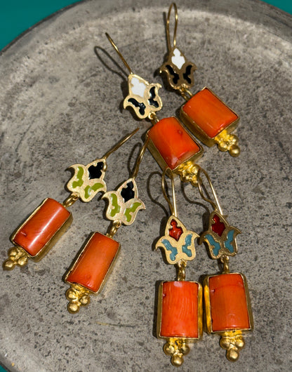 CLOISONNÉ CORAL CHUNK EARRINGS
