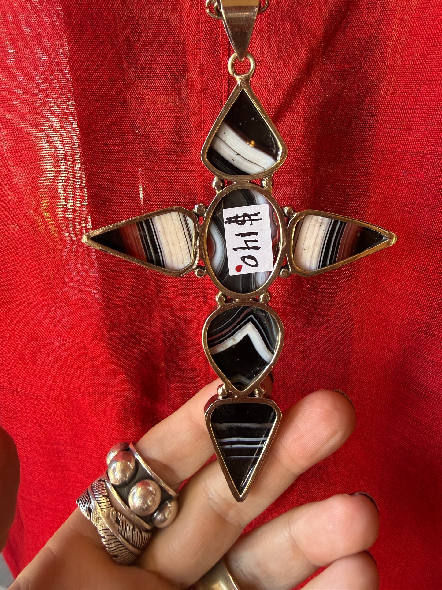 BLACK BANDED AGATE CROSS NECKLACE