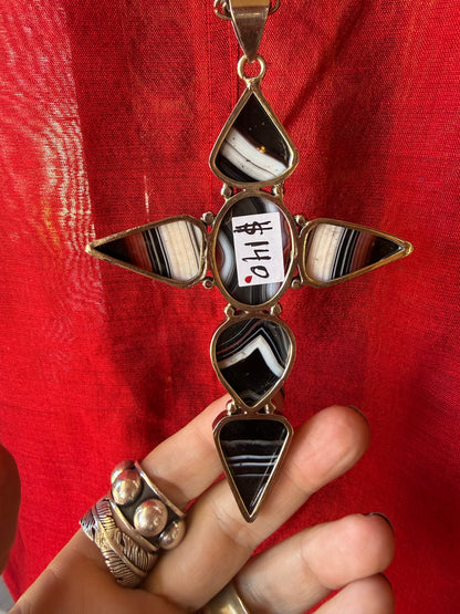 BLACK BANDED AGATE CROSS NECKLACE