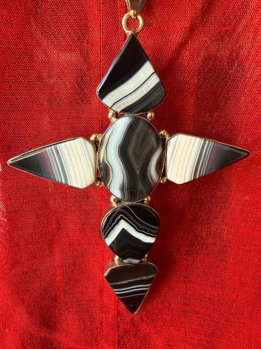 BLACK BANDED AGATE CROSS NECKLACE