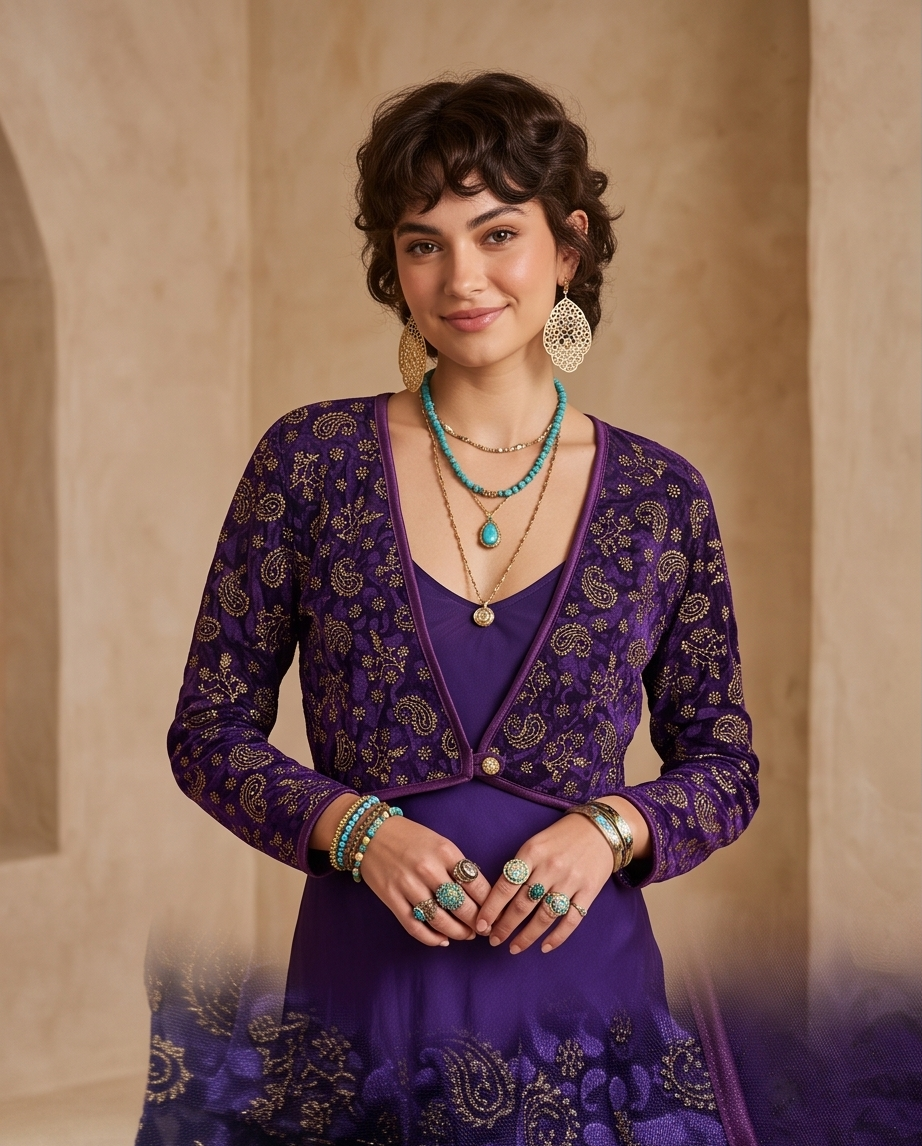 GILDED PAISLEY STRETCH VELVET SHRUG