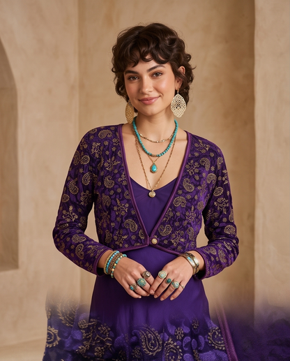 GILDED PAISLEY STRETCH VELVET SHRUG