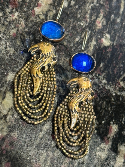 BEADED BRASS BLUE BIRDS