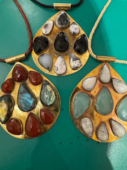 BIG BRASS TEARDROP GEMSTONE PENDANT NECKLACE