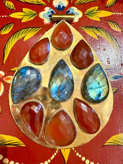 COLOSSAL GEMSTUDDED TEARDROP BRASS PENDANT