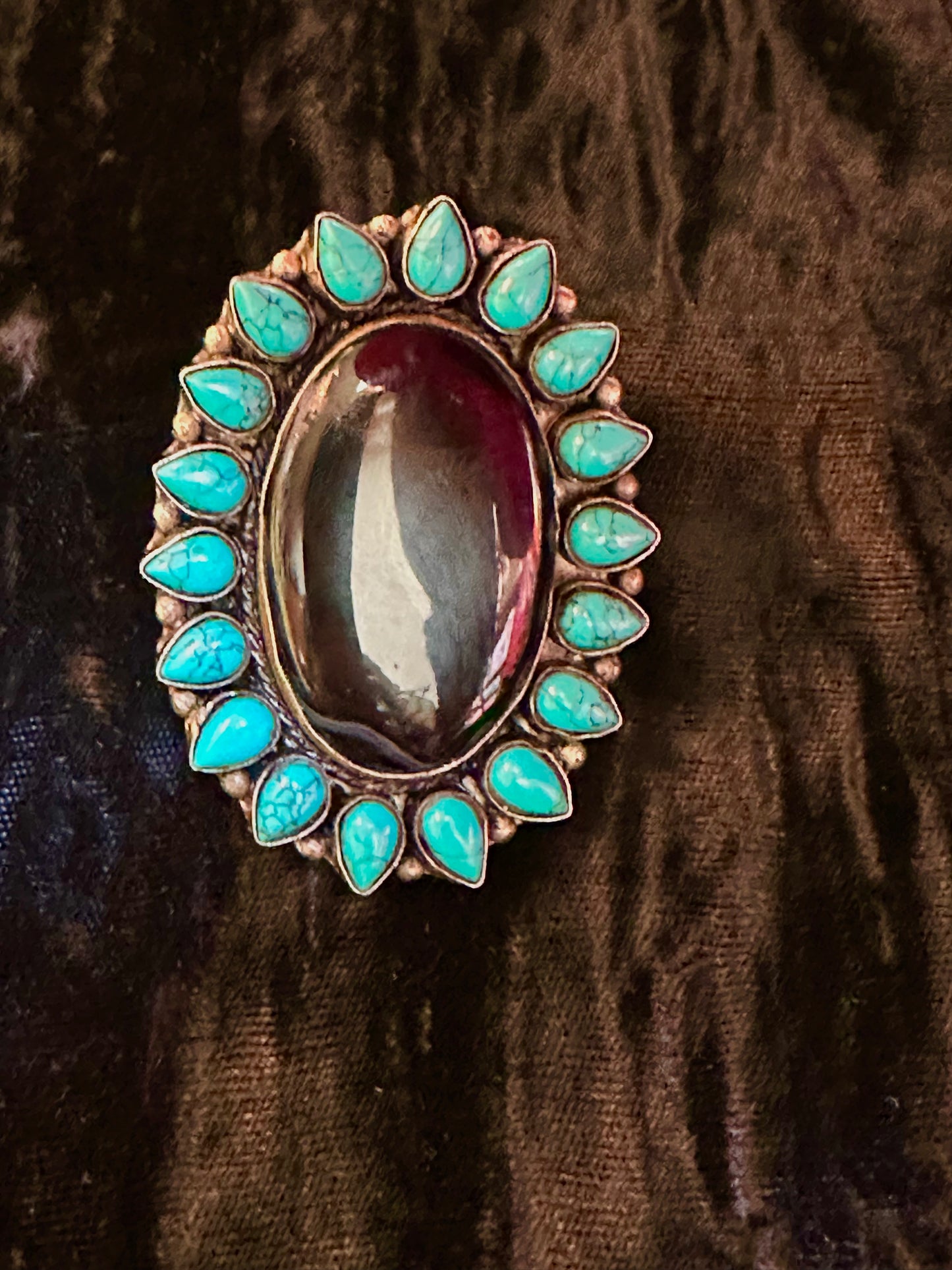 BLACK AGATE TURQUOISE PORTRAIT RING