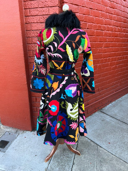 Fleur en noir coat pockets suzani textile a-line coat Andrea Serrahn Serrahna