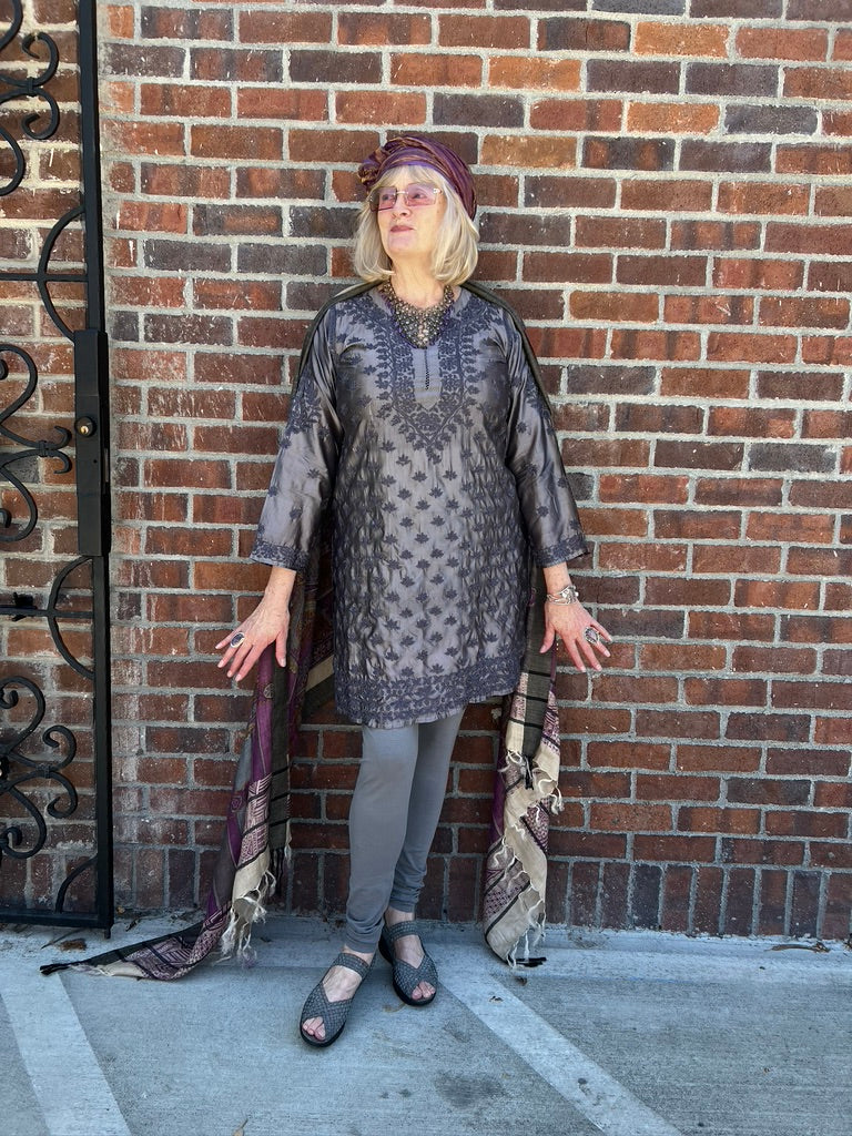 GREY SILK EMBROIDERED KURTI