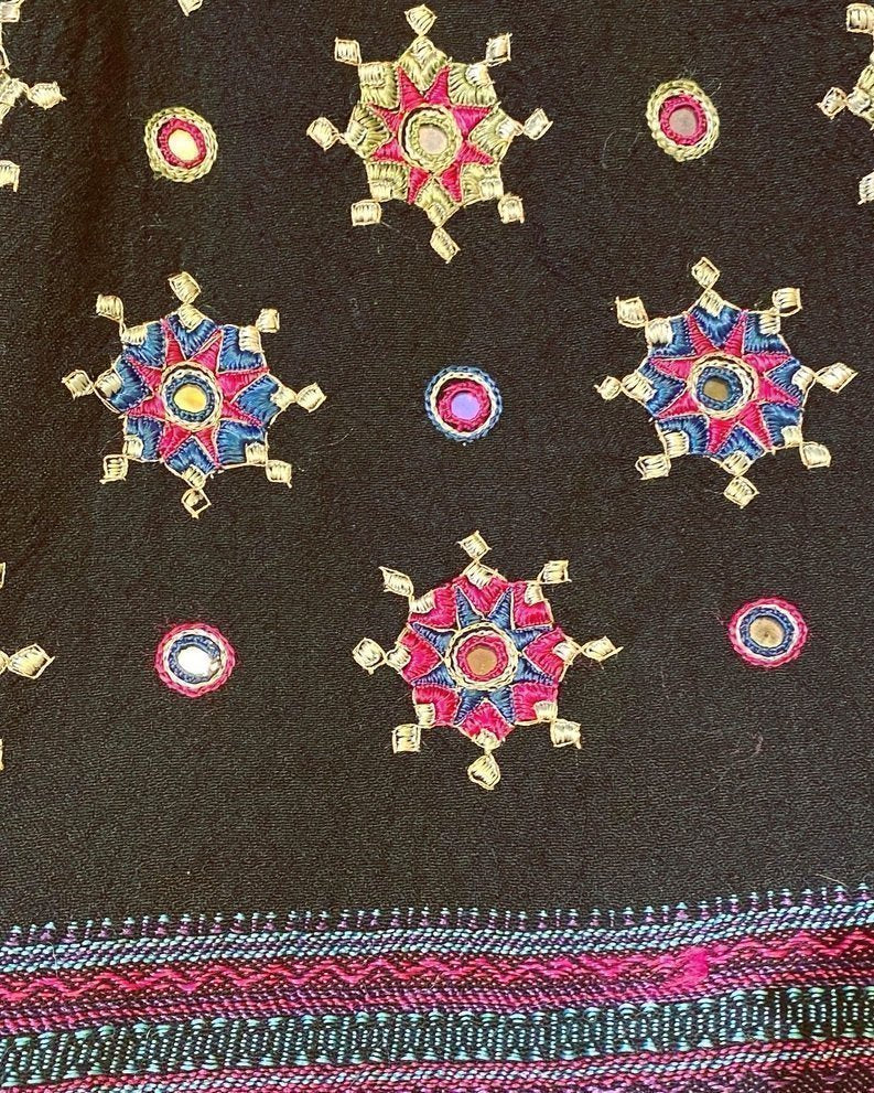 Black Starry night zenith shawl hand spun woolen yarn hand woven hand embroidered hand dyed Andrea Serrahn Serrahna