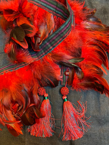Rooster feather boa red silk trim crocheted tassels Andrea Serrahn Serrahna