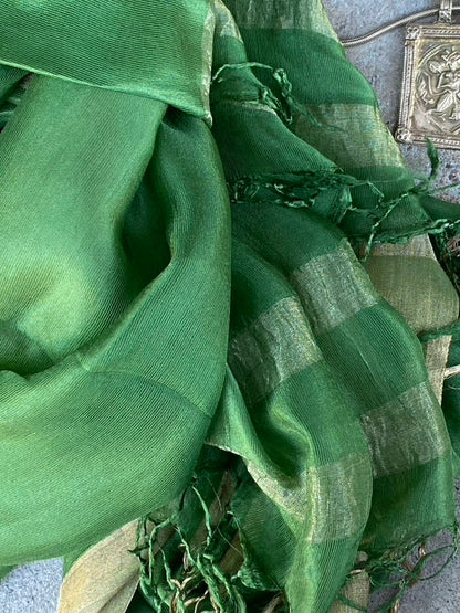 Fern leaf whisper pure soft silk with metallic border and fringe tied ends Andrea Serrahn Serrahna