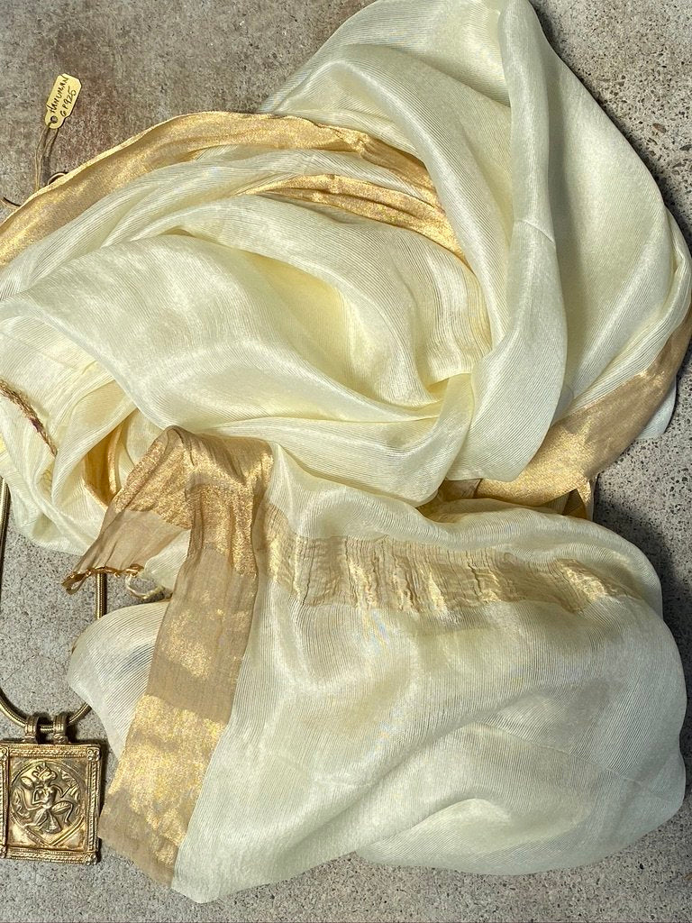 Ivory whisper pure soft silk with metallic border and fringe tied ends Andrea Serrahn Serrahna