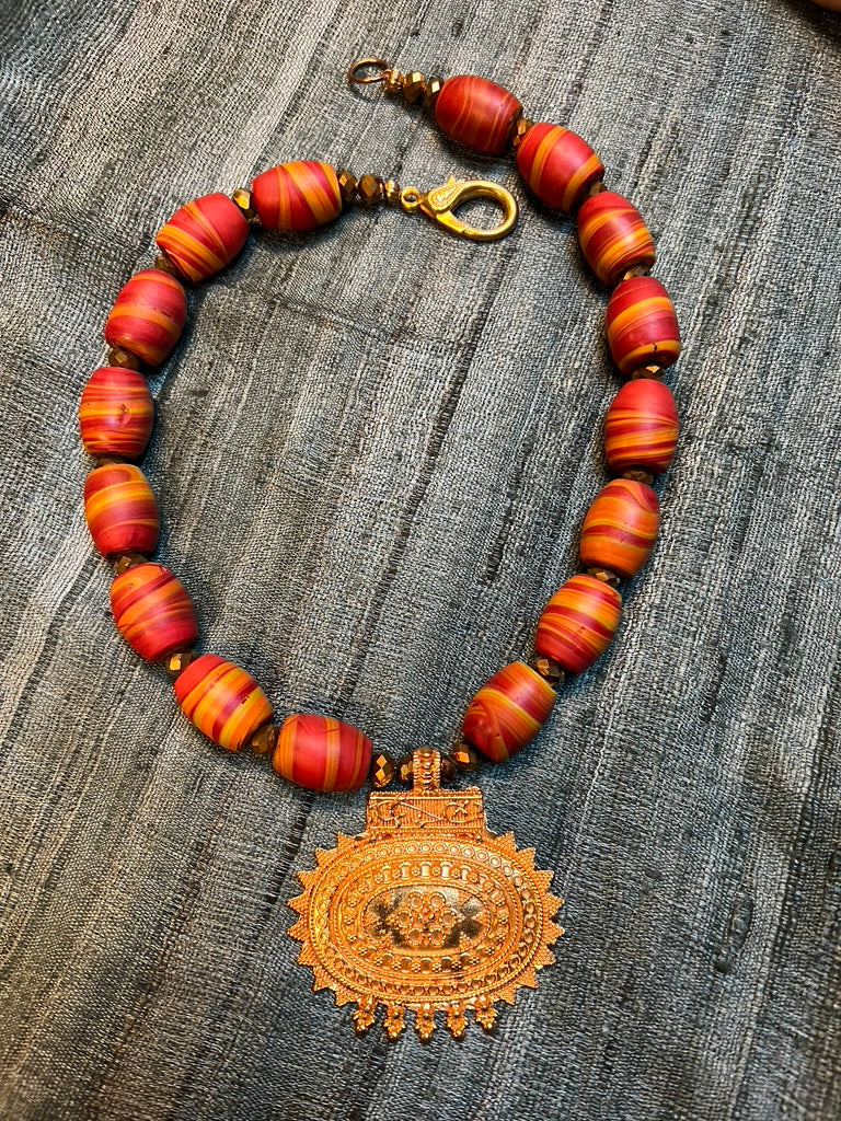 Nepalese Sunset Ceramic Bead orange stripe beads gold plated brass embossed pendant Andrea Serrahn Serrahna