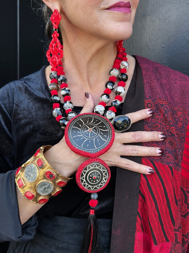 Tribal wooden kutchi button necklace drawstring cord tassle red black necklace Andrea Serrahn Serrahna