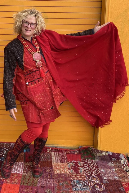 Chinese red king sized lightweight merino wool shawl hand mirrored embroidered Andrea Serrahn Serrahna