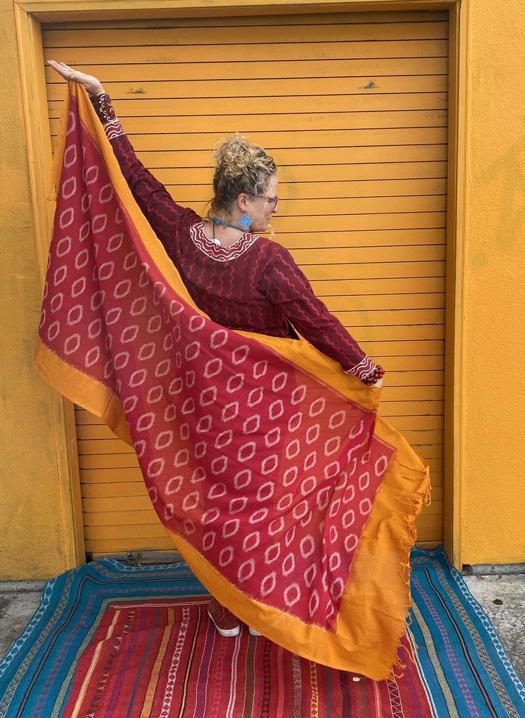 Red tumeric ikat shawl cotton oversized Andrea Serrahn Serrahna