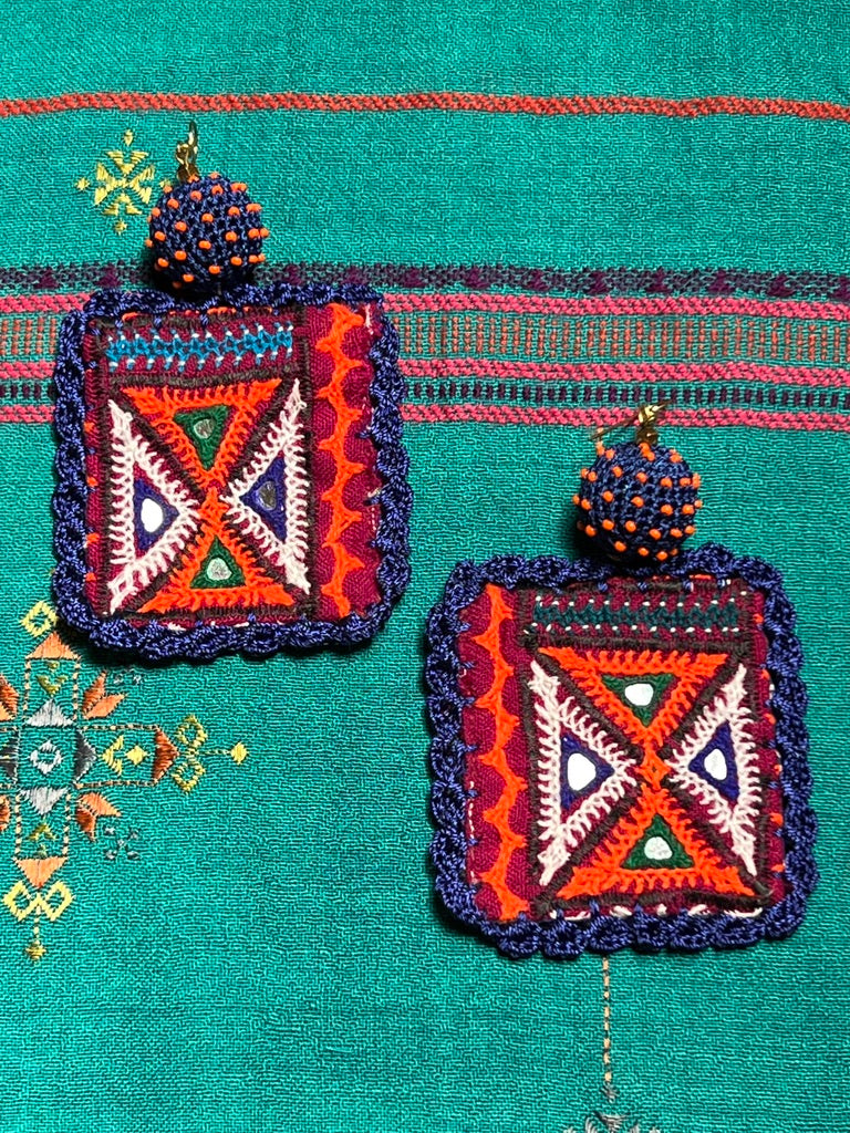 Rabari choli upcycled hand-embroidered oversized lightweight earrings Andrea Serrahn Serrahna