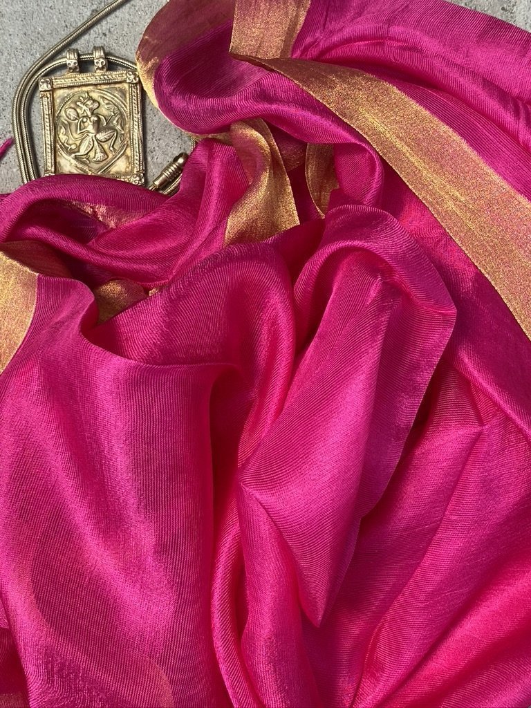 Hot Pink old gold whisper pure soft silk with metallic border and fringe tied ends Andrea Serrahn Serrahna
