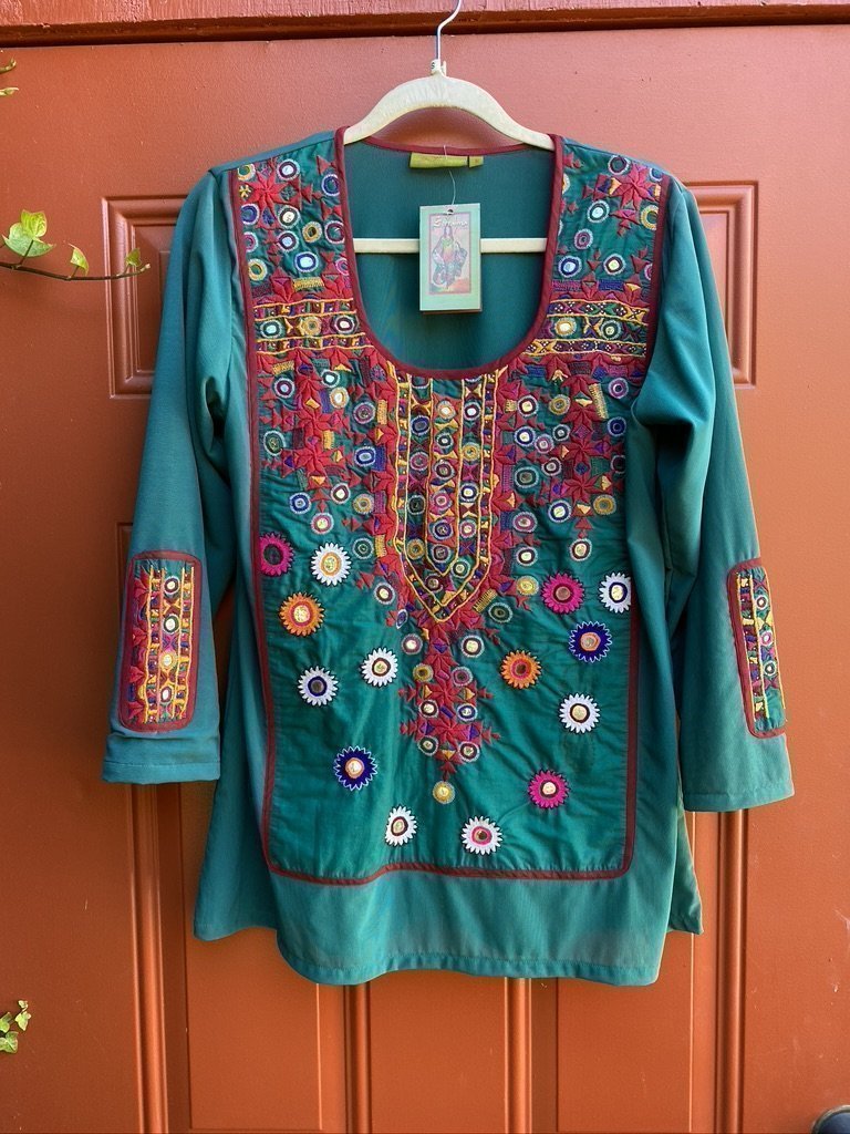 tribal chic kutchi embroidery jat embroidered tunic stretch mesh Andrea Serrahn Serrahna