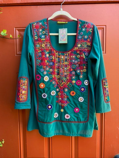 tribal chic kutchi embroidery jat embroidered tunic stretch mesh Andrea Serrahn Serrahna